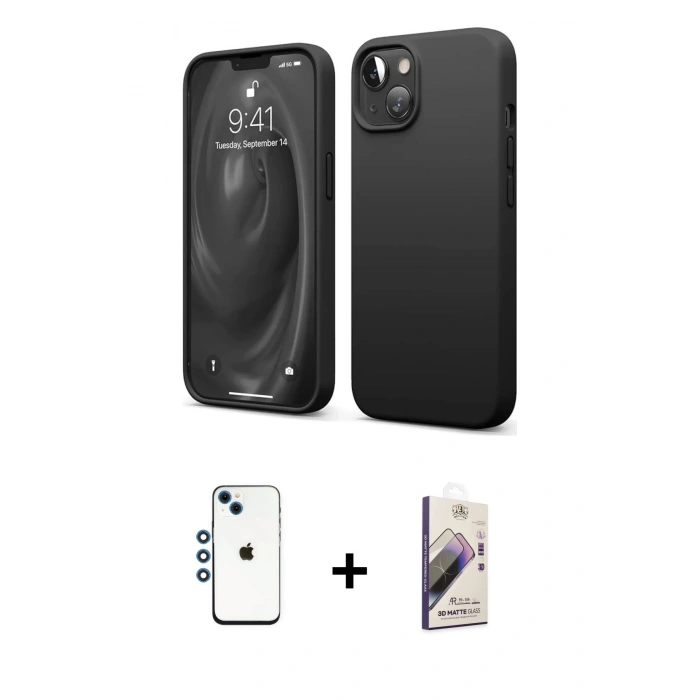MARSİLYAN™- iPhone 14 Kılıf Kozmos Yansıma Özel Seri - Siyah Bilvis 3D Mat Cam Ekran Koruyucu + Shine Kamera Lens - MI