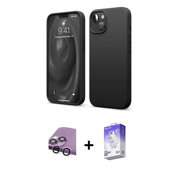 MARSİLYAN™- iPhone 14 Kılıf Kozmos Yansıma Özel Seri - Siyah Bilvis 5in1 3D Magic Cam Ekran Koruyucu + Raze Metal Kamera Lens - GS