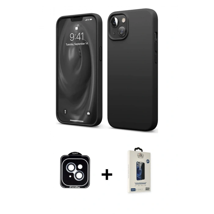 MARSİLYAN™- iPhone 14 Kılıf Kozmos Yansıma Özel Seri - Siyah Bilvis Hayalet Cam Ekran Koruyucu + PVD Metal Kamera Lens - MI