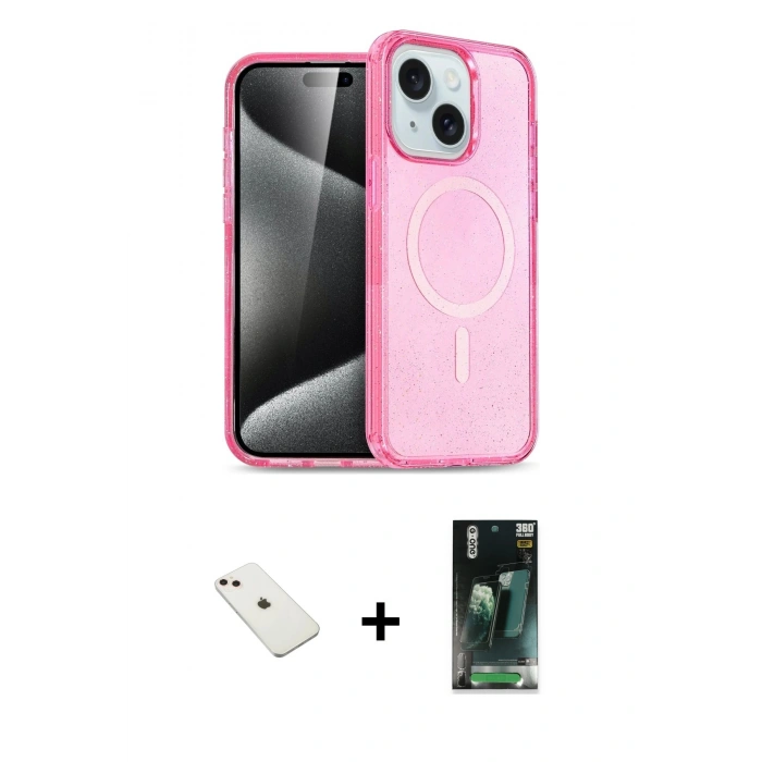 ieg™ iPhone 14 Kılıf Nova Asil Prime - Şeffaf 360 Full Body Arka Koruyucu + Pembe Diamond Kamera Lens