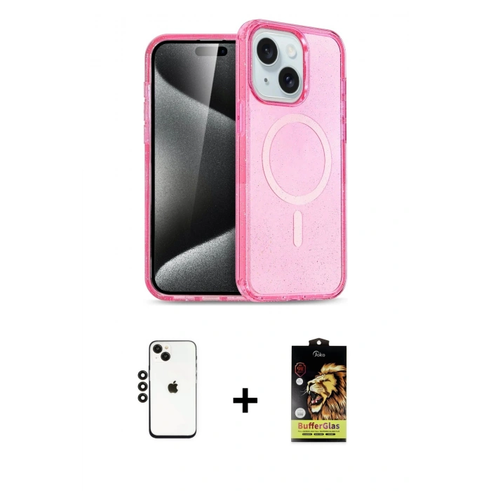 ieg™ iPhone 14 Kılıf Nova Asil Prime - Siyah Buffer Cam Ekran Koruyucu + Siyah Shine Kamera Lens