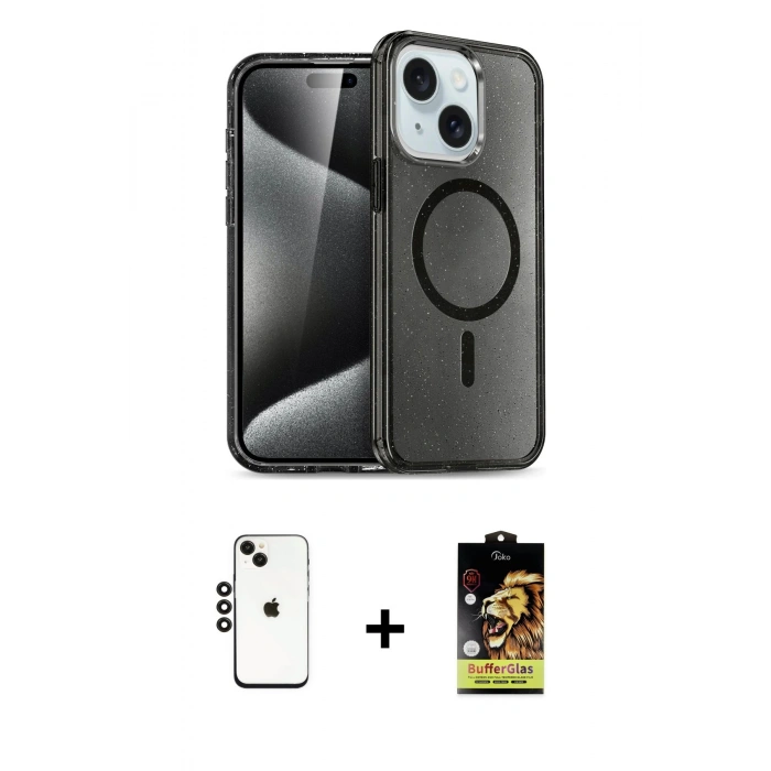 ieg™ iPhone 14 Kılıf Nova Asil Prime - Siyah Buffer Cam Ekran Koruyucu + Siyah Shine Kamera Lens