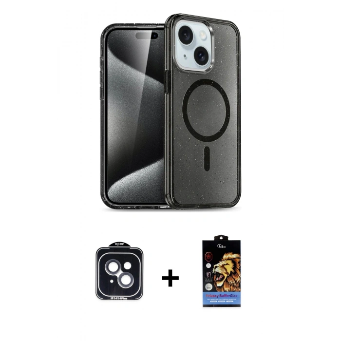 ieg™ iPhone 14 Kılıf Nova Asil Prime - Siyah Buffer Hayalet Cam Ekran Koruyucu + Siyah PVD Metal Kamera Lens