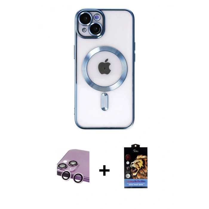 ieg™ iPhone 14 Kılıf Nova Işık Özel Seri - Siyah Buffer Hayalet Cam Ekran Koruyucu + Mor Raze Metal Kamera Lens