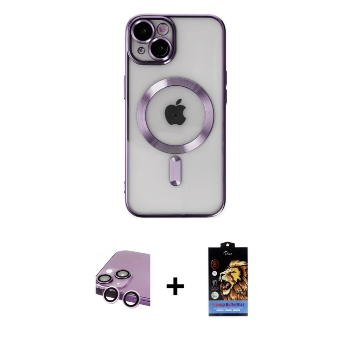 ieg™ iPhone 14 Kılıf Nova Işık Özel Seri - Siyah Buffer Hayalet Cam Ekran Koruyucu + Mor Raze Metal Kamera Lens