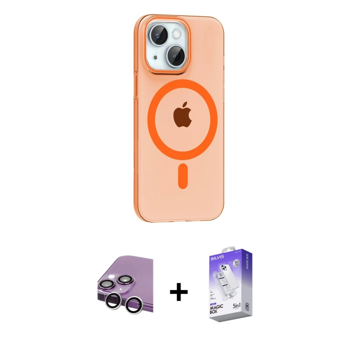ieg™ iPhone 14 Kılıf Pusula Form Özel Seri - Siyah Bilvis 5in1 3D Magic Cam Ekran Koruyucu + Gümüş Raze Metal Kamera Lens
