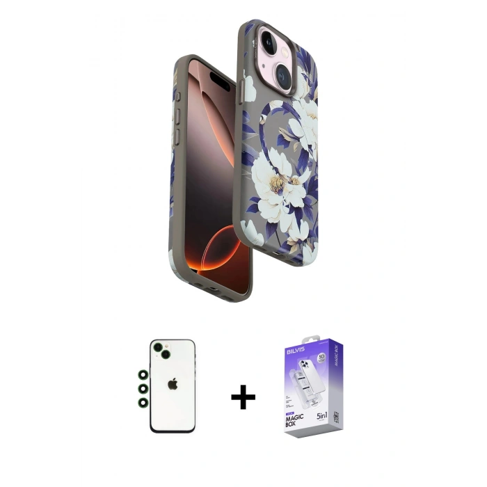ieg™ iPhone 14 Kılıf Siluet Doku - Siyah Bilvis 5in1 3D Magic Cam Ekran Koruyucu + Yeşil Shine Kamera Lens