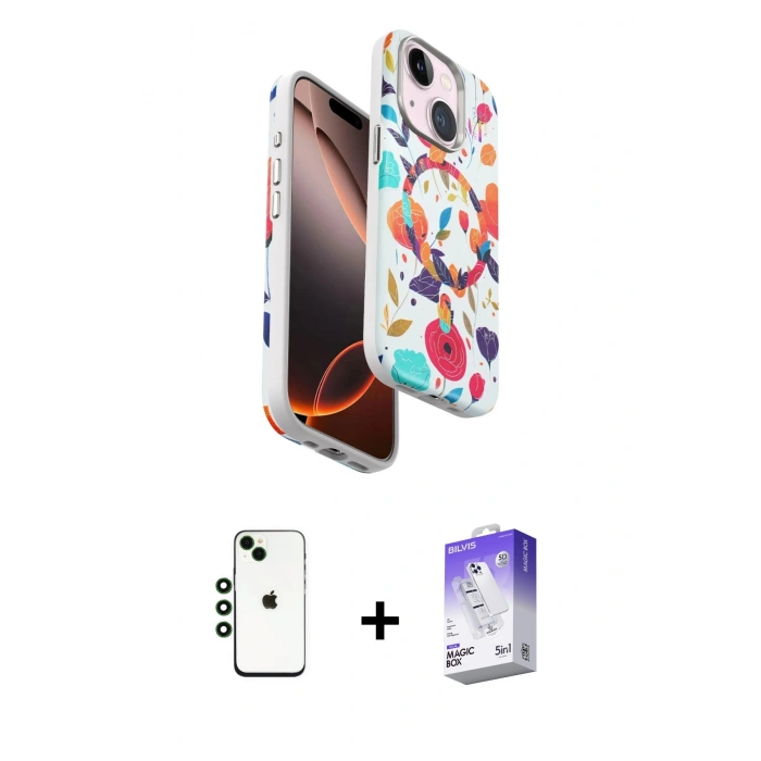 ieg™ iPhone 14 Kılıf Siluet Doku - Siyah Bilvis 5in1 3D Magic Cam Ekran Koruyucu + Yeşil Shine Kamera Lens
