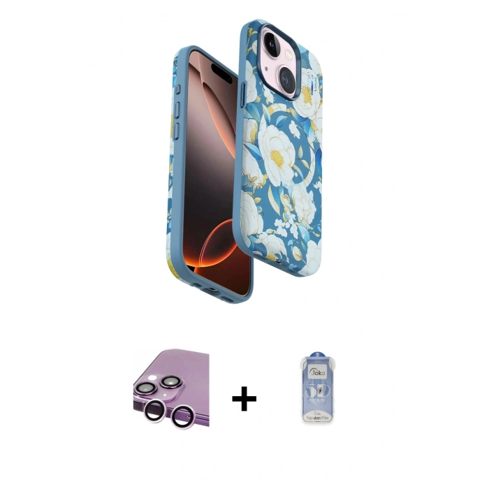 ieg™ iPhone 14 Kılıf Siluet Doku - Siyah Joko Magic 5D Cam + Mor Raze Metal Kamera Lens