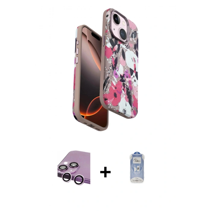 ieg™ iPhone 14 Kılıf Siluet Doku - Siyah Joko Magic 5D Cam + Mor Raze Metal Kamera Lens