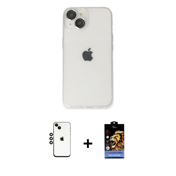 ieg™ iPhone 14 Kılıf Ufuk Minimal Özel Seri - Siyah Buffer Hayalet Cam Ekran Koruyucu + Siyah Shine Kamera Lens