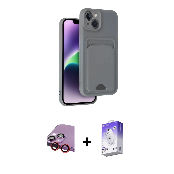 ieg™ iPhone 14 Kılıf Vadi Çizgi Prime - Siyah Bilvis 5in1 3D Magic Cam Ekran Koruyucu + Kırmızı Raze Metal Kamera Lens