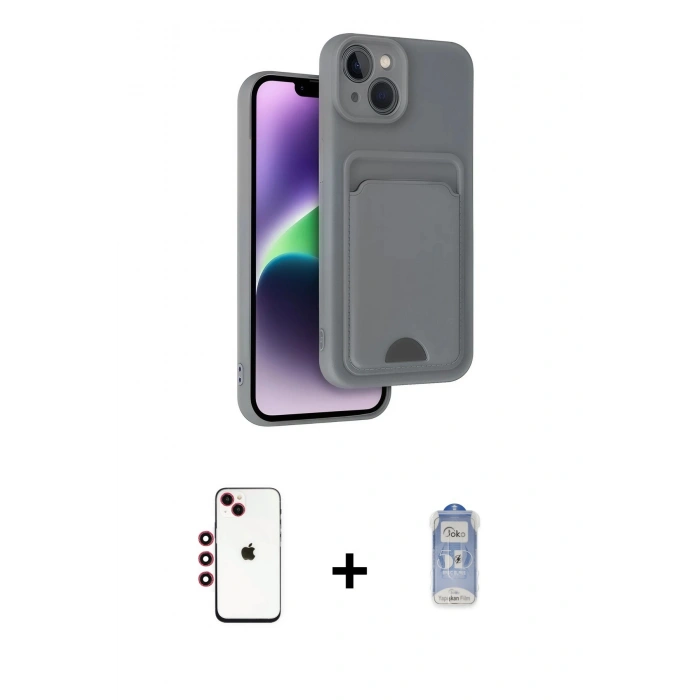 ieg™ iPhone 14 Kılıf Vadi Çizgi Prime - Siyah Joko Magic 5D Cam + Kırmızı Shine Kamera Lens