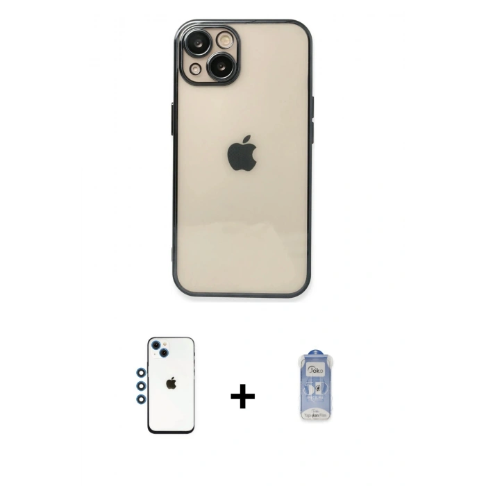 ieg™ iPhone 14 Kılıf Vadi Minimal - Siyah Joko Magic 5D Cam + Mavi Shine Kamera Lens