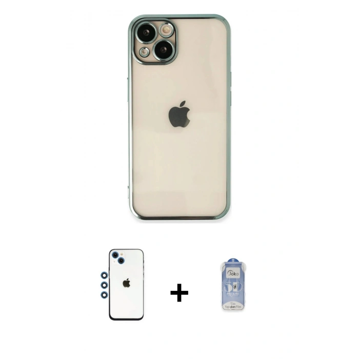 ieg™ iPhone 14 Kılıf Vadi Minimal - Siyah Joko Magic 5D Cam + Mavi Shine Kamera Lens