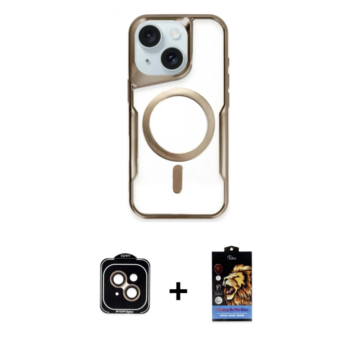 ieg™ iPhone 14 Kılıf Yadigar Klasik Özel Seri - Siyah Buffer Hayalet Cam Ekran Koruyucu + Turuncu PVD Metal Kamera Lens