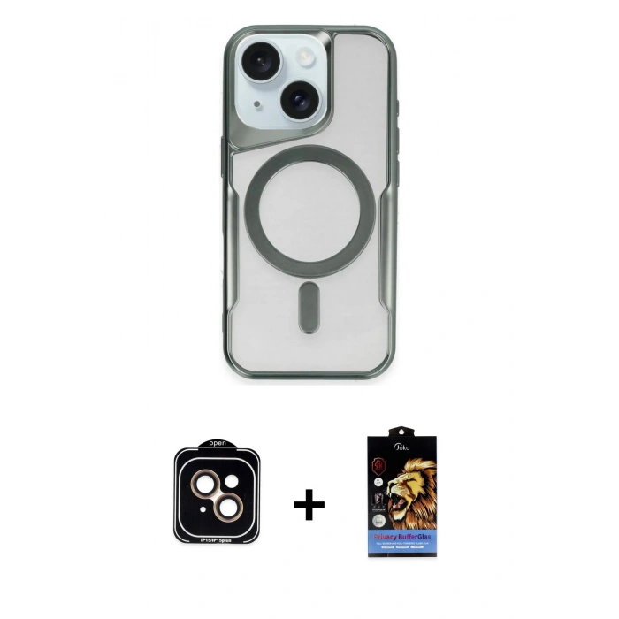 ieg™ iPhone 14 Kılıf Yadigar Klasik Özel Seri - Siyah Buffer Hayalet Cam Ekran Koruyucu + Turuncu PVD Metal Kamera Lens