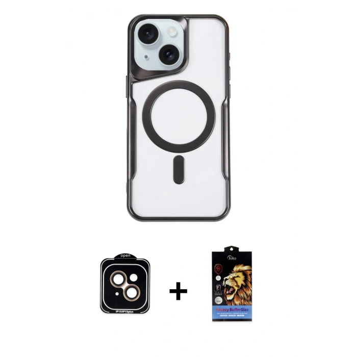 ieg™ iPhone 14 Kılıf Yadigar Klasik Özel Seri - Siyah Buffer Hayalet Cam Ekran Koruyucu + Turuncu PVD Metal Kamera Lens