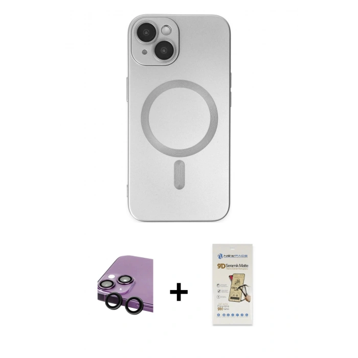 ieg™ iPhone 14 Plus Kılıf Akış Minimal Özel Seri - Siyah Mat Seramik Nano Ekran Koruyucu + Siyah Raze Metal Kamera Lens