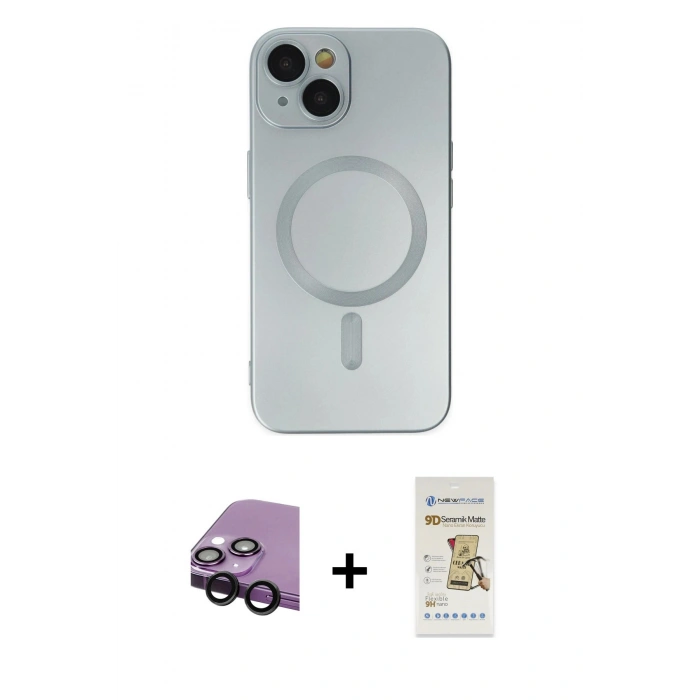 ieg™ iPhone 14 Plus Kılıf Akış Minimal Özel Seri - Siyah Mat Seramik Nano Ekran Koruyucu + Siyah Raze Metal Kamera Lens