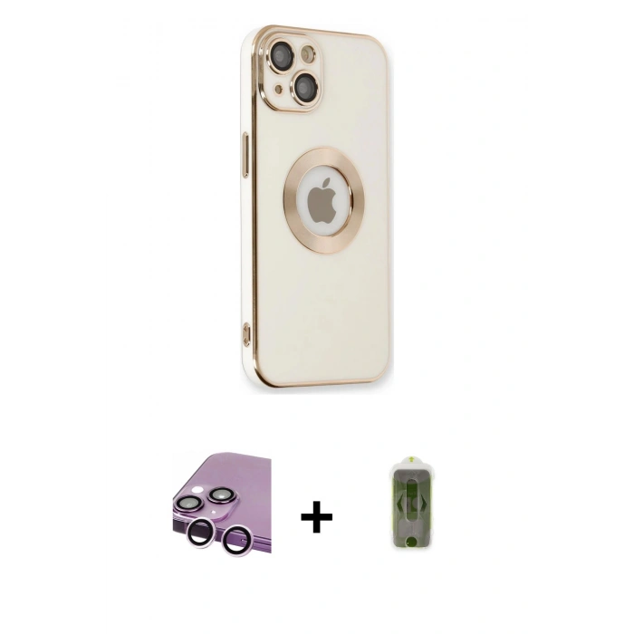 ieg™ iPhone 14 Plus Kılıf İz Form Serisi - Siyah Joko Magic 5D Hayalet Cam + Mor Raze Metal Kamera Lens