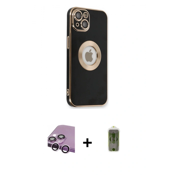 ieg™ iPhone 14 Plus Kılıf İz Form Serisi - Siyah Joko Magic 5D Hayalet Cam + Mor Raze Metal Kamera Lens