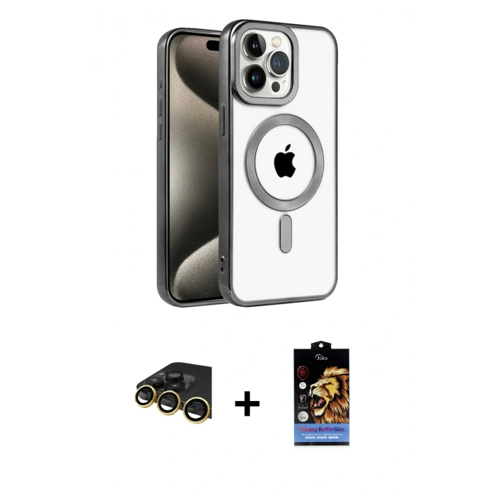 ieg™ iPhone 14 Pro Kılıf Eksen Form Koleksiyonu - Siyah Buffer Hayalet Cam Ekran Koruyucu + Gold Raze Metal Kamera Lens