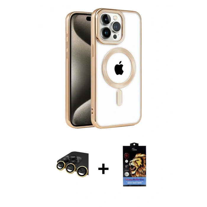 ieg™ iPhone 14 Pro Kılıf Eksen Form Koleksiyonu - Siyah Buffer Hayalet Cam Ekran Koruyucu + Gold Raze Metal Kamera Lens