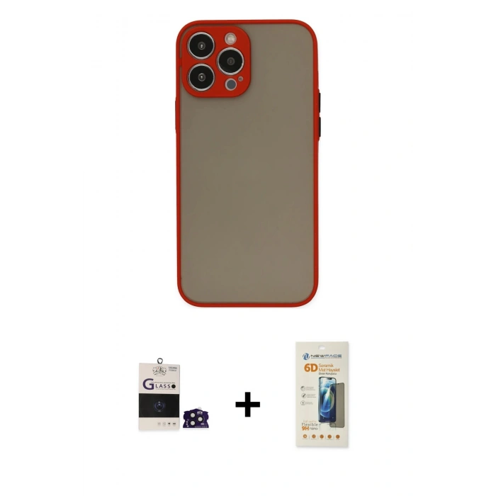 ieg™ iPhone 14 Pro Max Kılıf Ahenk Çizgi Serisi - Siyah 6D Mat Seramik Hayalet Nano Ekran Koruyucu + Derin Mor Bilvis Titan Kamera Lens
