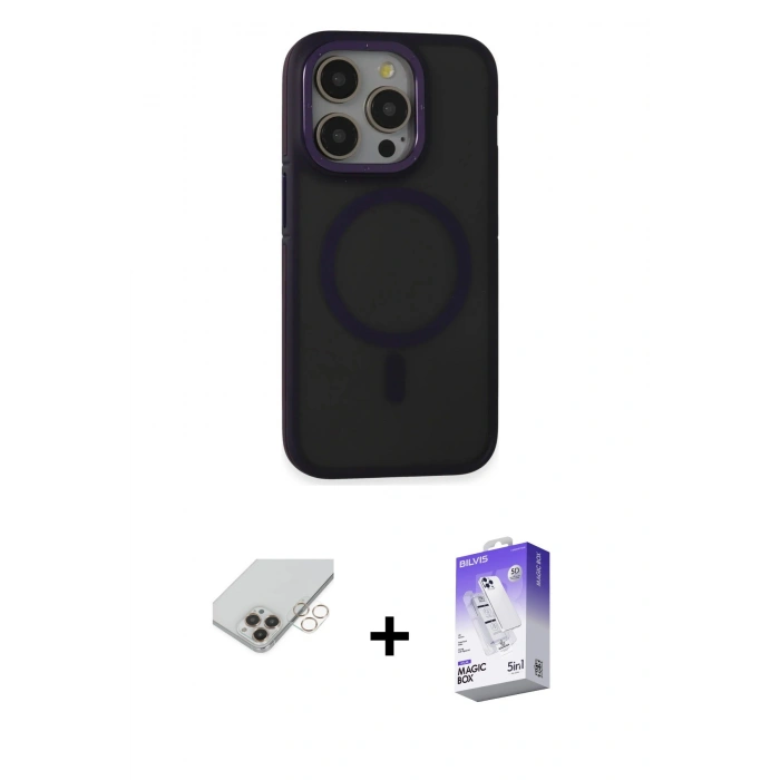 ieg™ iPhone 14 Pro Max Kılıf Ahenk Form Serisi - Siyah Bilvis 5in1 3D Magic Cam Ekran Koruyucu + Gold Band Metal Kamera Lens