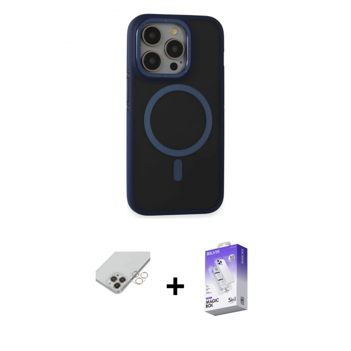 ieg™ iPhone 14 Pro Max Kılıf Ahenk Form Serisi - Siyah Bilvis 5in1 3D Magic Cam Ekran Koruyucu + Gold Band Metal Kamera Lens