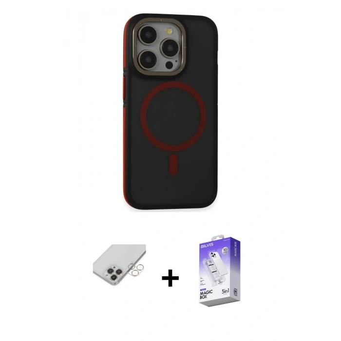 ieg™ iPhone 14 Pro Max Kılıf Ahenk Form Serisi - Siyah Bilvis 5in1 3D Magic Cam Ekran Koruyucu + Gold Band Metal Kamera Lens