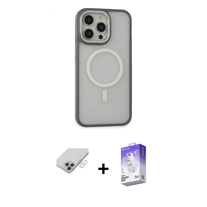 ieg™ iPhone 14 Pro Max Kılıf Ahenk Form Serisi - Siyah Bilvis 5in1 3D Magic Cam Ekran Koruyucu + Gold Band Metal Kamera Lens