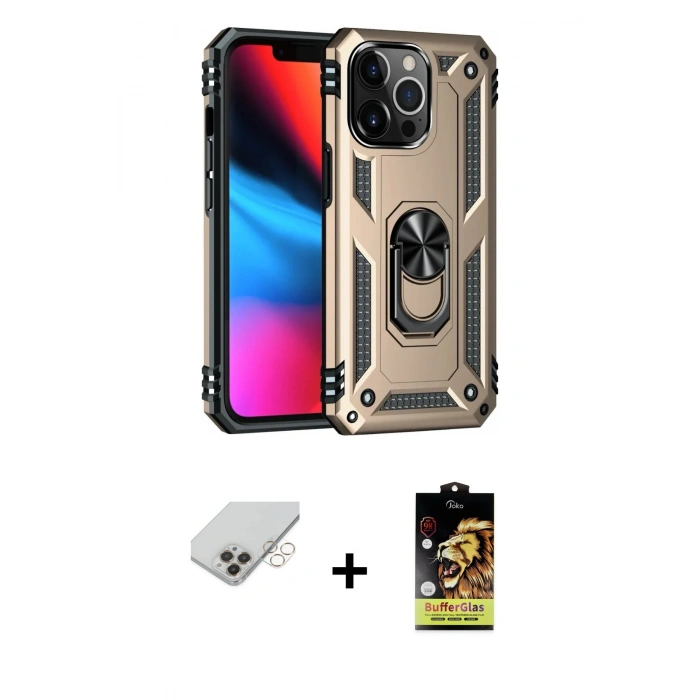 ieg™ iPhone 14 Pro Max Kılıf Ahenk Klasik Koleksiyonu - Siyah Buffer Cam Ekran Koruyucu + Gold Band Metal Kamera Lens