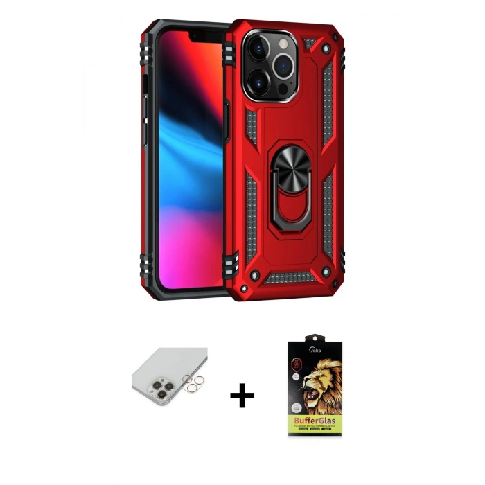 ieg™ iPhone 14 Pro Max Kılıf Ahenk Klasik Koleksiyonu - Siyah Buffer Cam Ekran Koruyucu + Gold Band Metal Kamera Lens