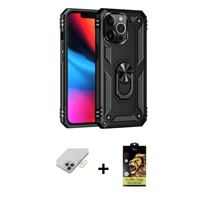 ieg™ iPhone 14 Pro Max Kılıf Ahenk Klasik Koleksiyonu - Siyah Buffer Cam Ekran Koruyucu + Gold Band Metal Kamera Lens