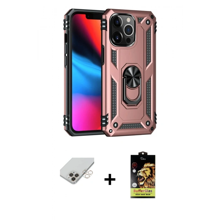ieg™ iPhone 14 Pro Max Kılıf Ahenk Klasik Koleksiyonu - Siyah Buffer Cam Ekran Koruyucu + Gold Band Metal Kamera Lens