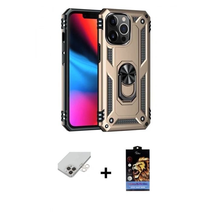 ieg™ iPhone 14 Pro Max Kılıf Ahenk Klasik Koleksiyonu - Siyah Buffer Hayalet Cam Ekran Koruyucu + Gold Band Metal Kamera Lens