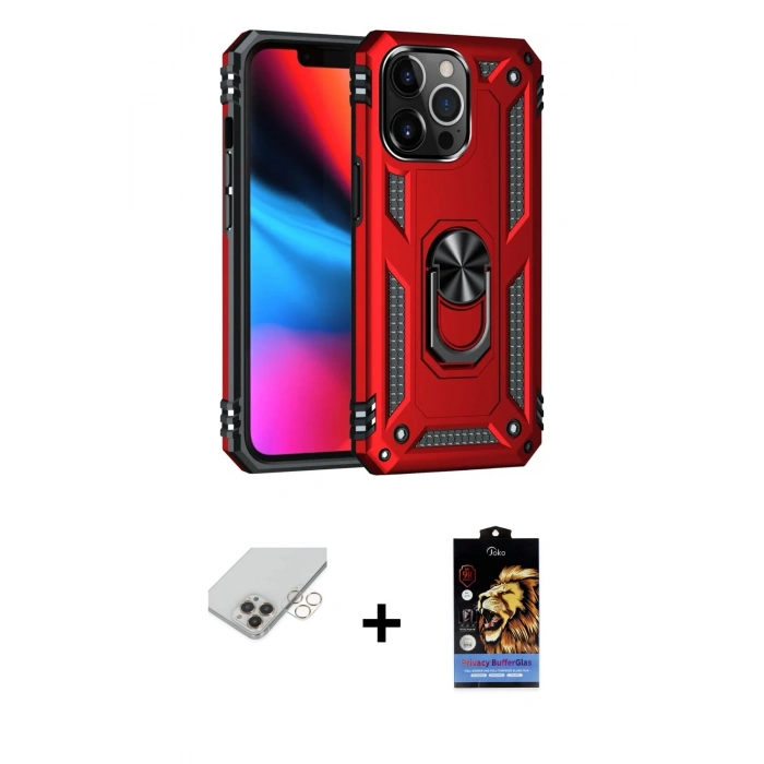 ieg™ iPhone 14 Pro Max Kılıf Ahenk Klasik Koleksiyonu - Siyah Buffer Hayalet Cam Ekran Koruyucu + Gold Band Metal Kamera Lens