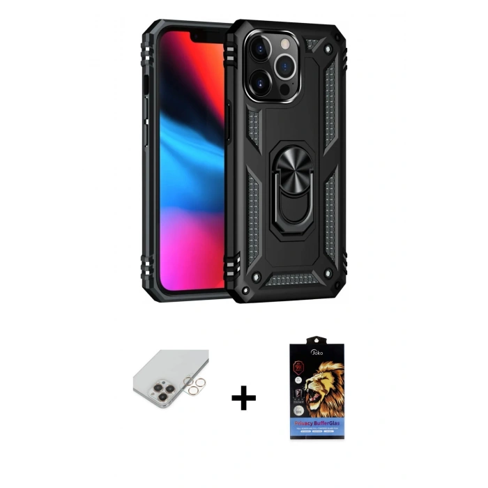 ieg™ iPhone 14 Pro Max Kılıf Ahenk Klasik Koleksiyonu - Siyah Buffer Hayalet Cam Ekran Koruyucu + Gold Band Metal Kamera Lens