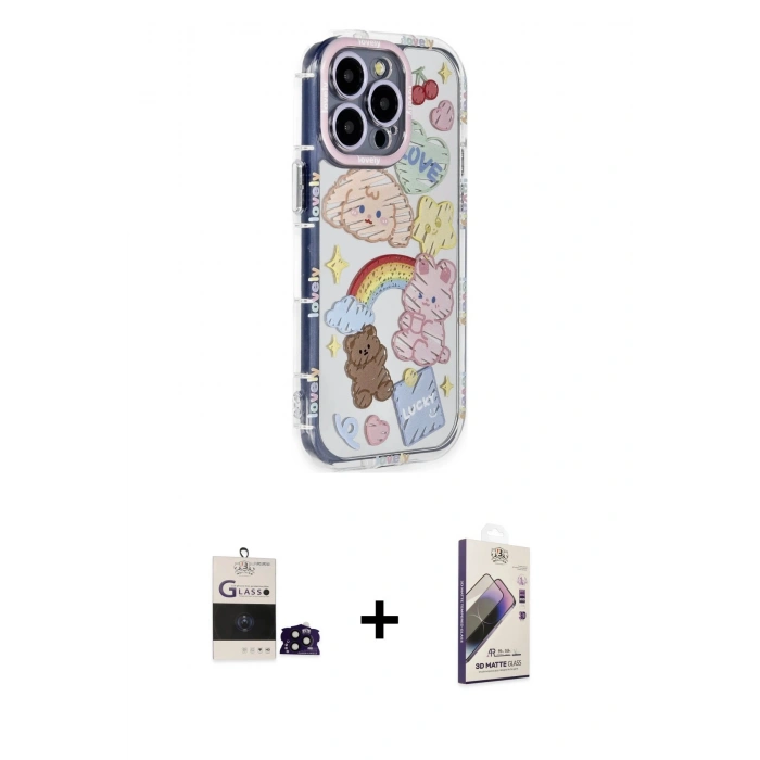 ieg™ iPhone 14 Pro Max Kılıf Ahenk Modern Serisi - Siyah Bilvis 3D Mat Cam Ekran Koruyucu + Siyah Bilvis Titan Kamera Lens