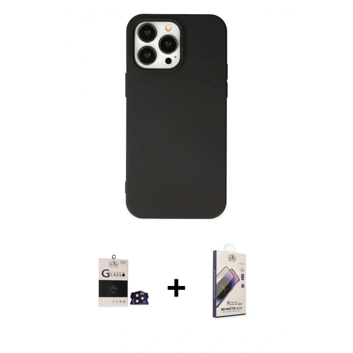 ieg™ iPhone 14 Pro Max Kılıf Ahenk Serisi - Siyah Bilvis 3D Mat Cam Ekran Koruyucu + Derin Mor Bilvis Titan Kamera Lens