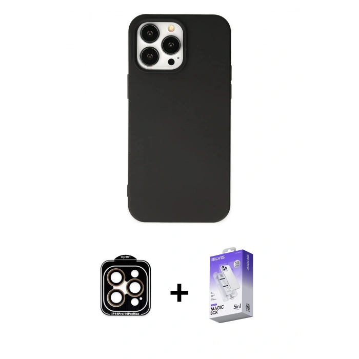 ieg™ iPhone 14 Pro Max Kılıf Ahenk Serisi - Siyah Bilvis 5in1 3D Magic Cam Ekran Koruyucu + Turuncu PVD Metal Kamera Lens