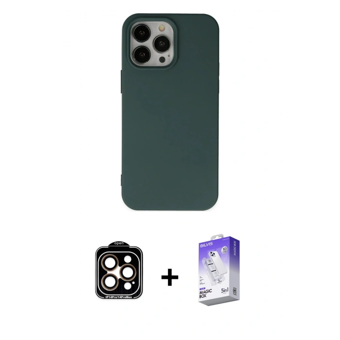 ieg™ iPhone 14 Pro Max Kılıf Ahenk Serisi - Siyah Bilvis 5in1 3D Magic Cam Ekran Koruyucu + Turuncu PVD Metal Kamera Lens