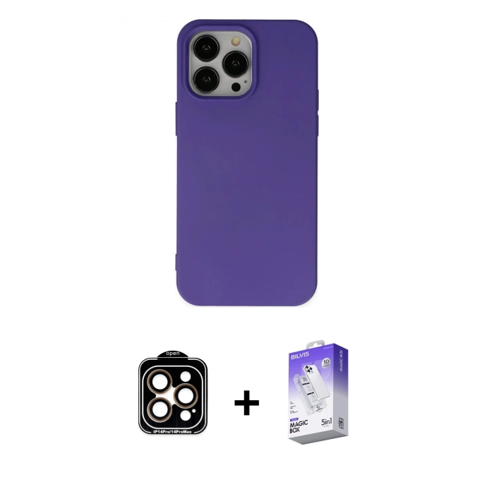 ieg™ iPhone 14 Pro Max Kılıf Ahenk Serisi - Siyah Bilvis 5in1 3D Magic Cam Ekran Koruyucu + Turuncu PVD Metal Kamera Lens