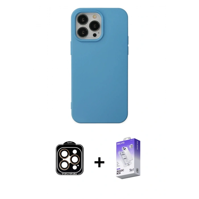 ieg™ iPhone 14 Pro Max Kılıf Ahenk Serisi - Siyah Bilvis 5in1 3D Magic Cam Ekran Koruyucu + Turuncu PVD Metal Kamera Lens