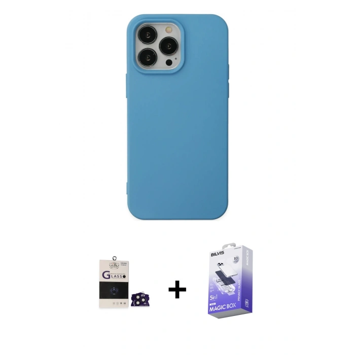 ieg™ iPhone 14 Pro Max Kılıf Ahenk Serisi - Siyah Bilvis 5in1 5D Magic Hayalet Cam Ekran Koruyucu + Derin Mor Bilvis Titan Kamera Lens
