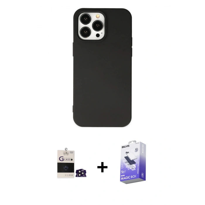 ieg™ iPhone 14 Pro Max Kılıf Ahenk Serisi - Siyah Bilvis 5in1 5D Magic Hayalet Cam Ekran Koruyucu + Derin Mor Bilvis Titan Kamera Lens
