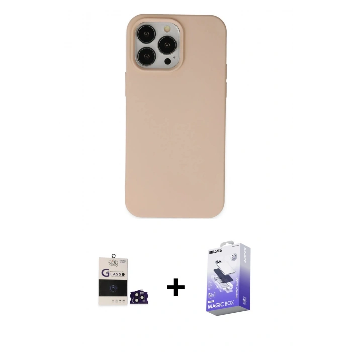 ieg™ iPhone 14 Pro Max Kılıf Ahenk Serisi - Siyah Bilvis 5in1 5D Magic Hayalet Cam Ekran Koruyucu + Derin Mor Bilvis Titan Kamera Lens