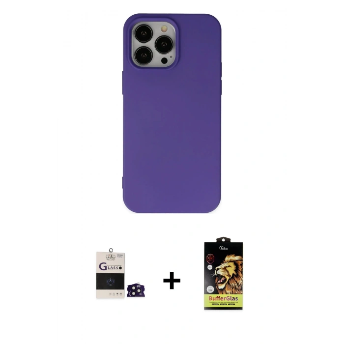 ieg™ iPhone 14 Pro Max Kılıf Ahenk Serisi - Siyah Buffer Cam Ekran Koruyucu + Derin Mor Bilvis Titan Kamera Lens